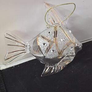 Clear Glass Fish Hanging Ornament, Silver Glitter Accents, Gold String
